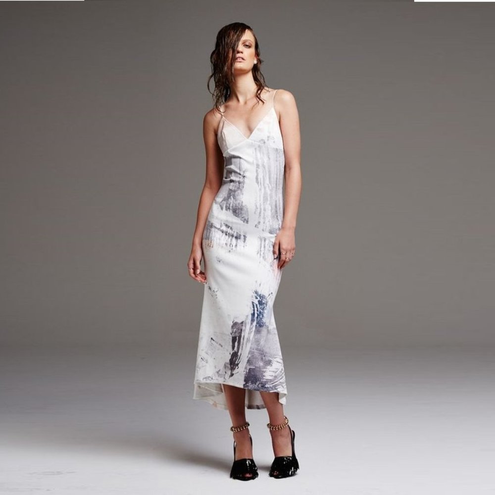 MAURIE & EVE Untold Silver Print Stretch Slip Formal Evening Midi Dress - Picture 4 of 10